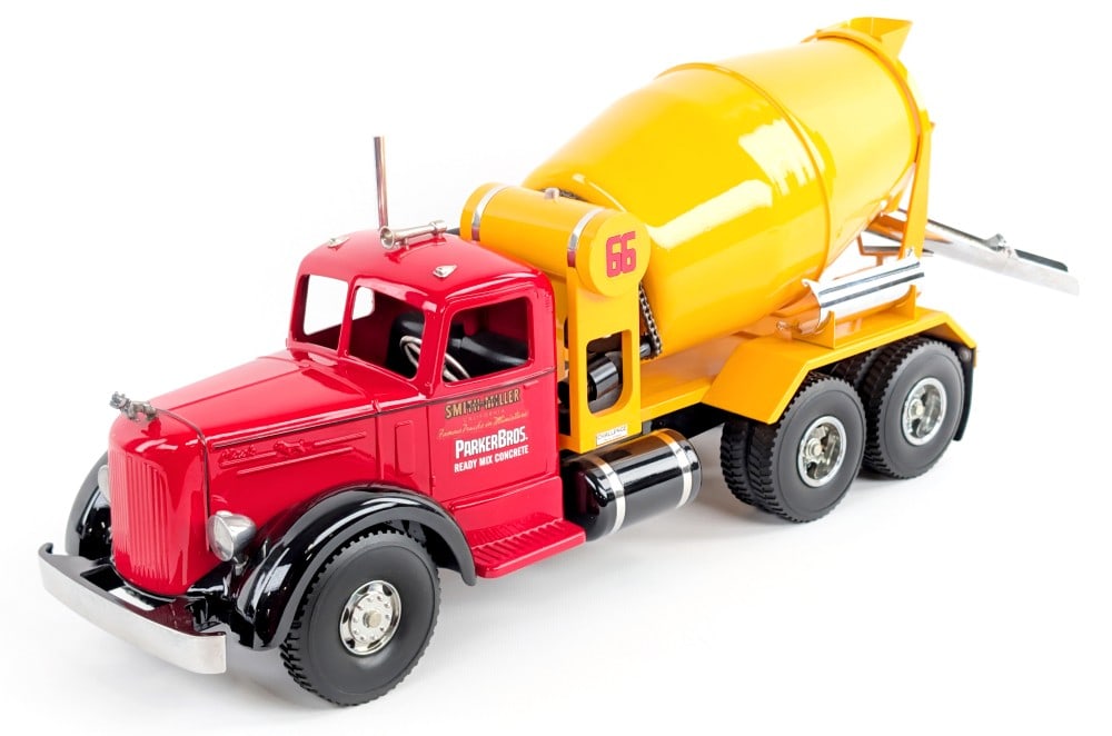 Fred Thompson Smith Miller Parker Bros Cement Mixer Truck: Fred Thompson Smith Miller Parker Bros. concrete / cement mixer truck. The truck displays extremely well with red L Mack cab, deep yellow mixer drum, main chute with two chute extensions, and great