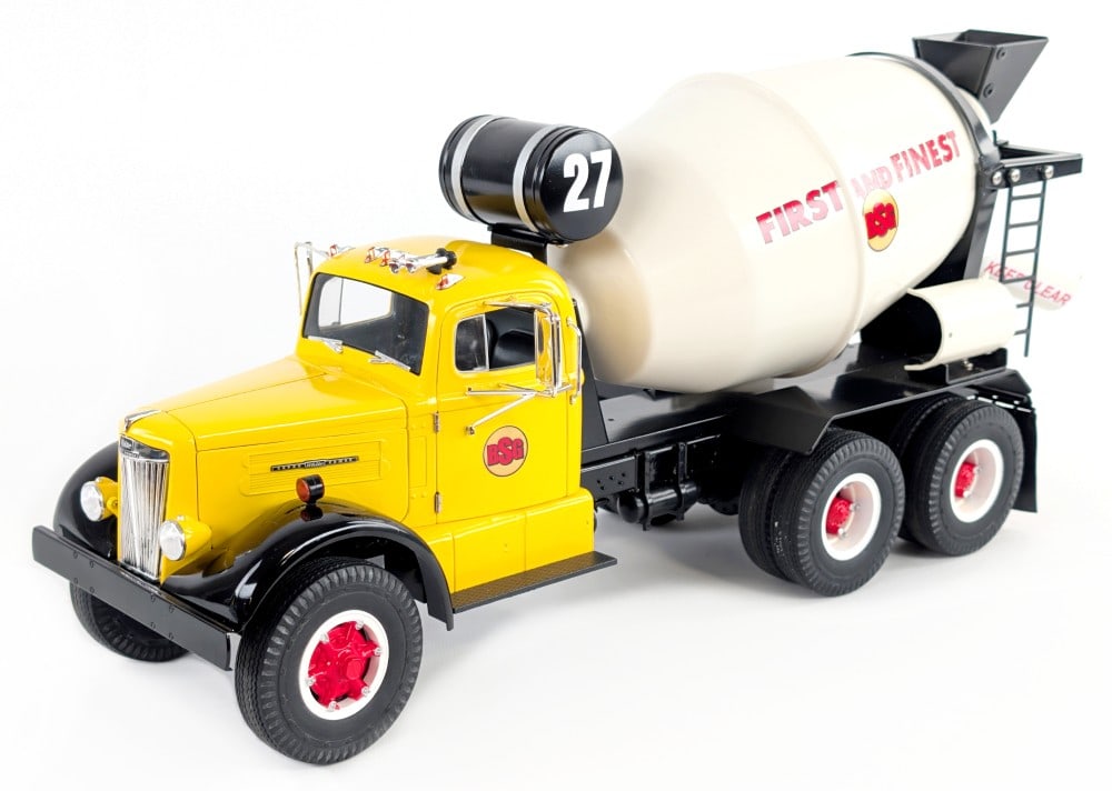 Custom 1957 White WC-22 Cement Mixer Truck: High quality custom 1957 White WC-22 cement / concrete mixer truck. The truck displays well with a detailed engine, mirrors, horn, mixer drum with chute extensions, and great detail overall. Good