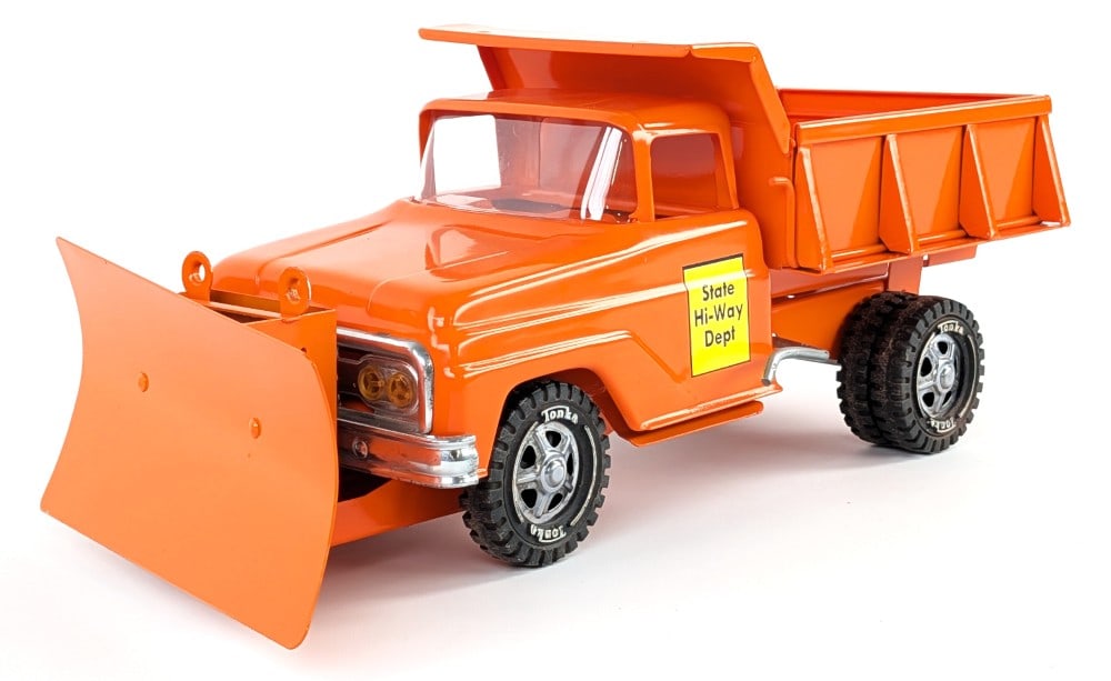 Custom Tonka State Hi-Way Dept Dump Truck: Custom Tonka State Hi-Way Dept. dump truck. The truck has a nice paint job with new parts added. The truck has some paint flaws in the bed area. Measures approximately 16" long.