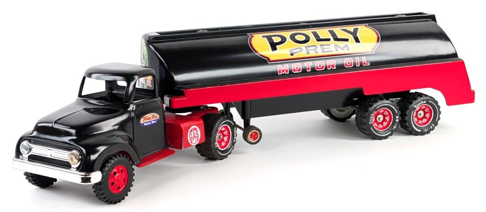 Custom Tonka Polly Motor Oil Tanker Truck: Custom Tonka Polly Motor Oil tanker truck. The truck displays well with Polly Parrot decals, new parts, and a fairly well done paint job. Good condition overall with light dust from display. Measures