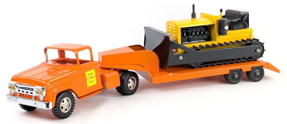 Custom Tonka State Hi-Way Dept. Truck w/ Lowboy Trailer & Bulldozer: Custom Tonka State Hi-Way Dept. truck with lowboy trailer and bulldozer. The truck has new parts and an average paint job. The bulldozer has a custom paint job. Overall displays well, but does have so