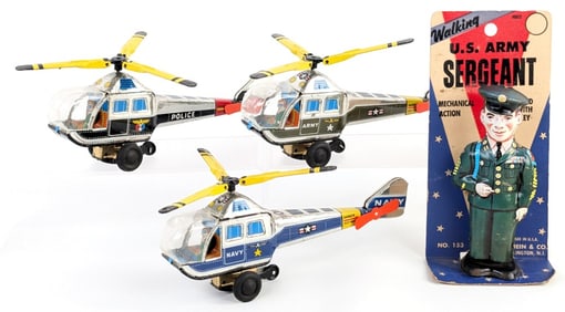 J. Chein U.S. Army Sergeant and (3) Tin Helicopters