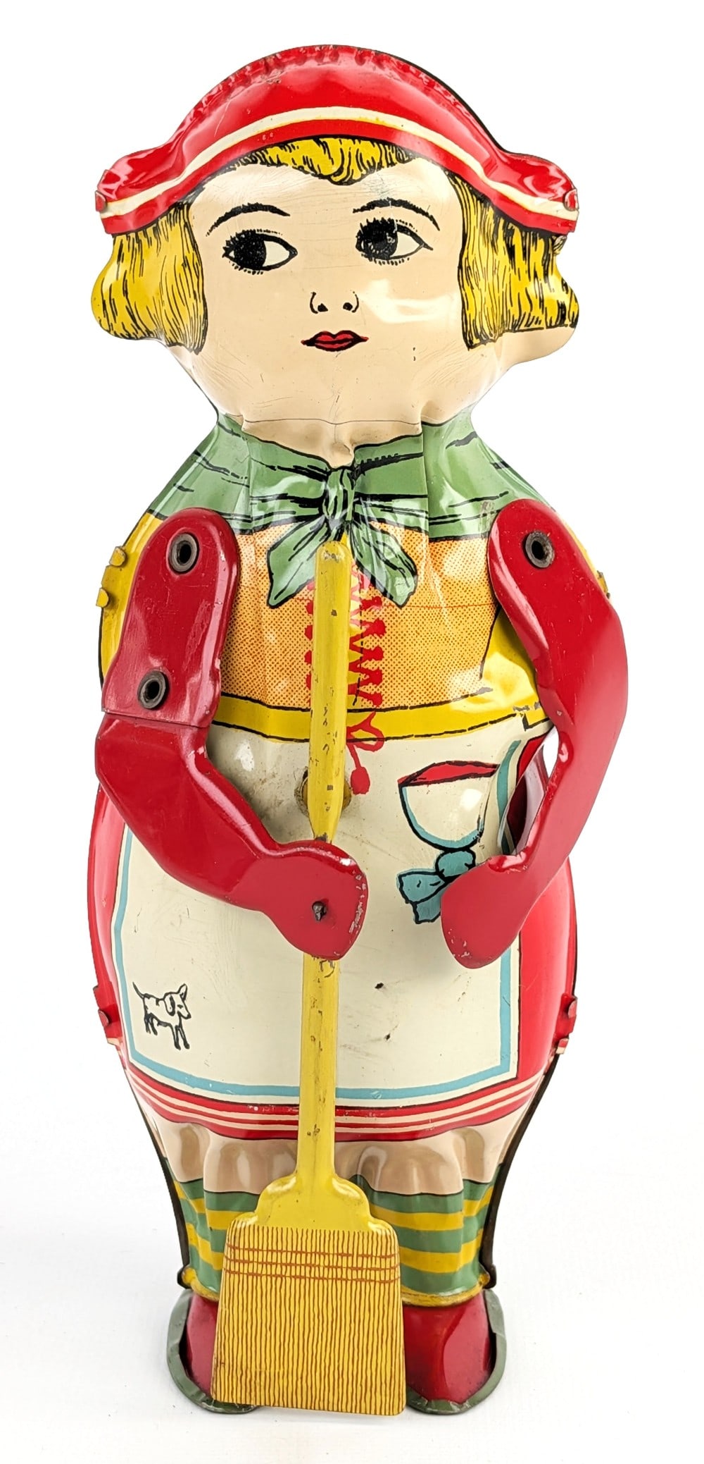 Lindstrom Tin Windup Sweeping Betty: Lindstrom tin litho windup Sweeping Betty. The windup mechanism works. The toy is very clean overall with minimal play wear. Measures approximately 8" tall.