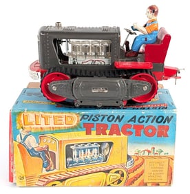 Japan Tin Battery Op. Lighted Piston Action Tractor w/ Box