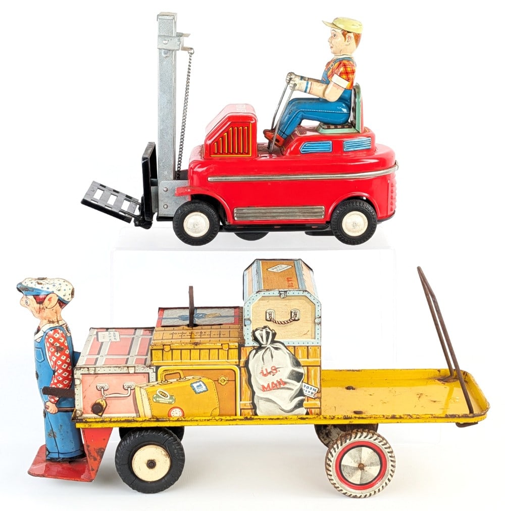 Unique Art Tin Windup Finnegan Porter & Modern Toys Battery Op. Fork Lift (1 of 15)