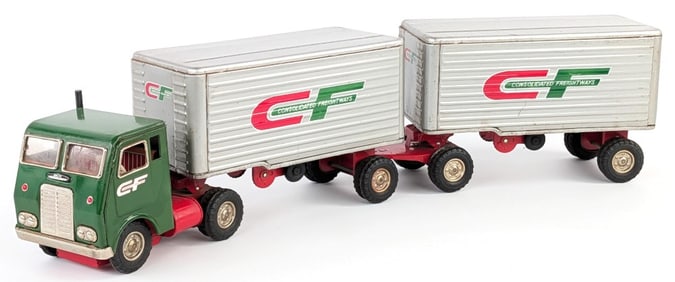 Japan Tin Friction Consolidated Freightways Truck w/ Double Trailers