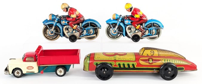 Lupor Tin Windup Racer, Dump Truck, and (2) Motorcycles
