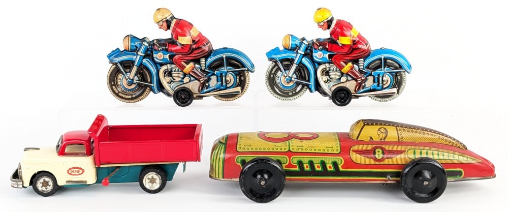 Lupor Tin Windup Racer, Dump Truck, and (2) Motorcycles: Lupor tin windup racer, Japan tin friction dump truck, and (2) Japan tin friction motorcycles. The windup mechanism works on the racer. The friction works on both motorcycles and the dump truck. The