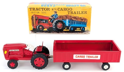 Japan Tin Friction tractor with Cargo Trailer in Box