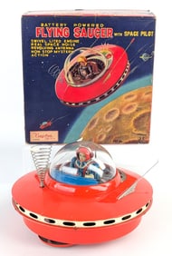 Cragstan Tin Battery Op. Flying Saucer with Space Pilot w/ Box
