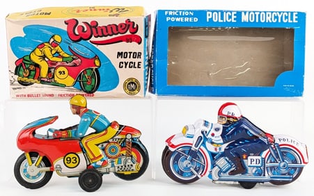Japan Tin Friction Powered Police Motorcycle and Winner Motorcycle w/ Boxes