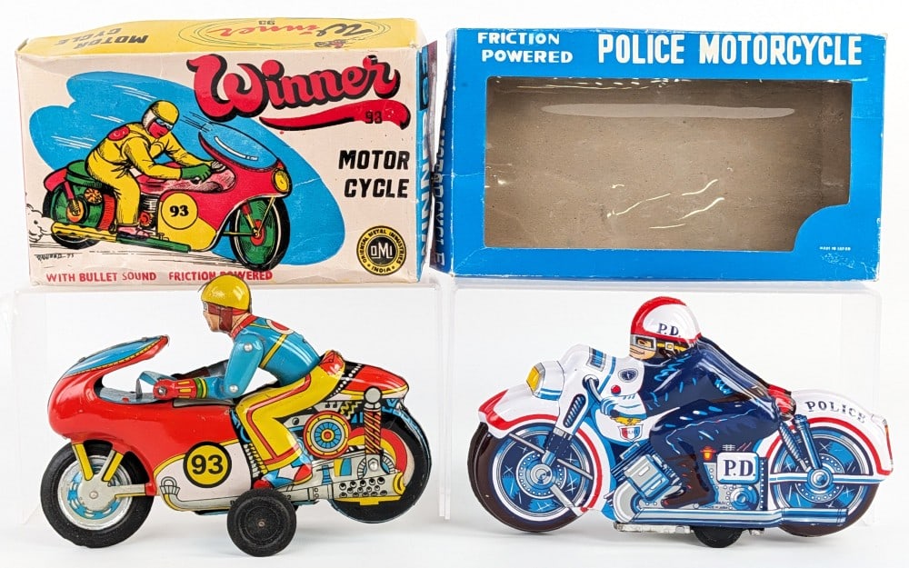 Japan Tin Friction Powered Police Motorcycle and Winner Motorcycle w/ Boxes (1 of 19)
