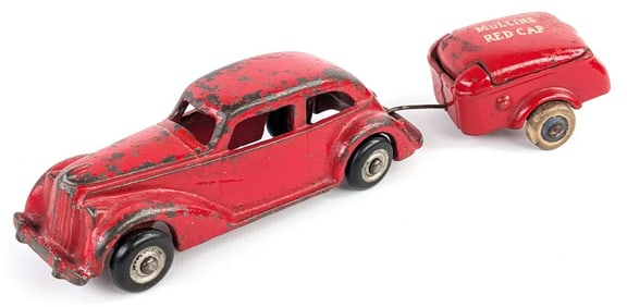 Arcade Cast Iron Sedan and Mullins Red Cap Trailer