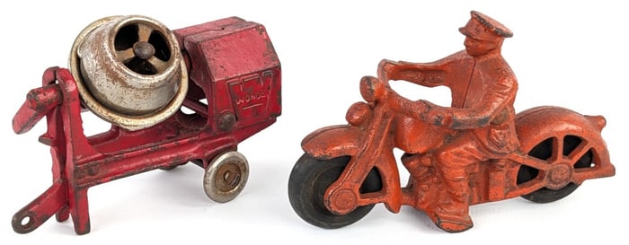 Hubley Cast Iron Wonder Cement Mixer and Motorcycle