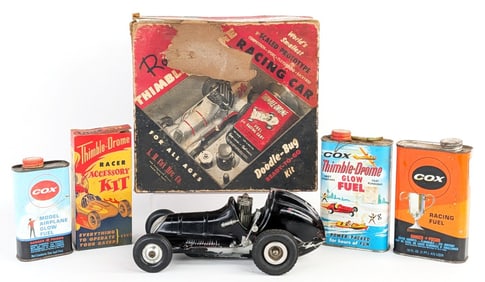Roy Cox Thimble Drome Racing Car w/ Box and Racing Fuel Cans