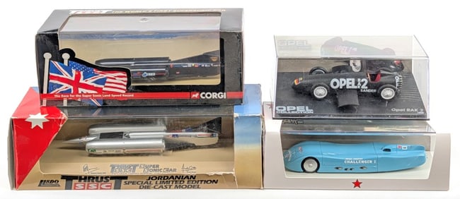 Corgi Thrust SSC, Bizarre Challenger I, Opel Rak 2, and Lledo Thrust SSC