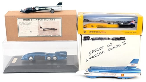 Spirit Of America Sonic 1, JCB DieselMax, Wingfoot Express 1, and 1933 Bluebird Three Axles Replicas