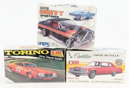 Vintage MPC 1978 Chevy Sportback, Jo-Han Cadillac Coupe Deville, and Torino Model Kits
