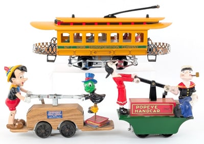 Pride Lines Popeye Handcar, Pinocchio's Wood Mobile, and York Transportation Company Trolley