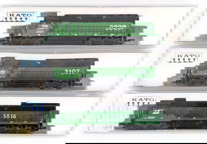 Kato N Scale Burlington Northern 5516, 6338, and 3107 Train Engines