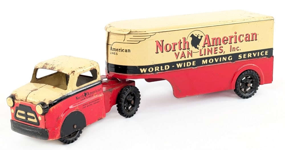 Original Banner Toys North American Van Lines Truck & Trailer: Original Banner Toys North American Van Lines truck and trailer. The truck and trailer have some paint loss, surface rust, and light wear from play and age. Measures approximately 15-1/2" long.