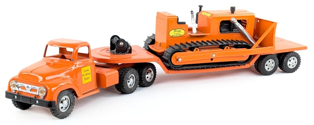 Custom Tonka State Hi-Way Dept Truck w/ Lowboy Trailer and Bulldozer: Custom Tonka State Hi-Way Dept. truck with lowboy trailer and giant bulldozer. The bulldozer is missing part of the exhaust stack. The truck, trailer, and dozer have some small paint chips and light w