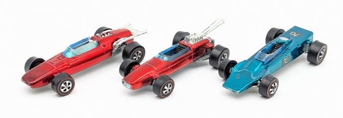 Hot Wheels Redline Indy Eagle, Brabham Repco F1, and Lotus Turbine