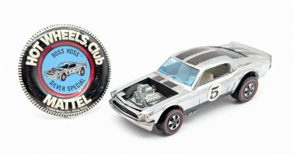 Hot Wheels Redline Chrome Mustang Boss Hoss with Button: Hot Wheels Redline chrome Mustang Boss Hoss club kit car with white interior and metal button. The car has some light wear to the decals and some minor corrosion to the base. Both the car and button a