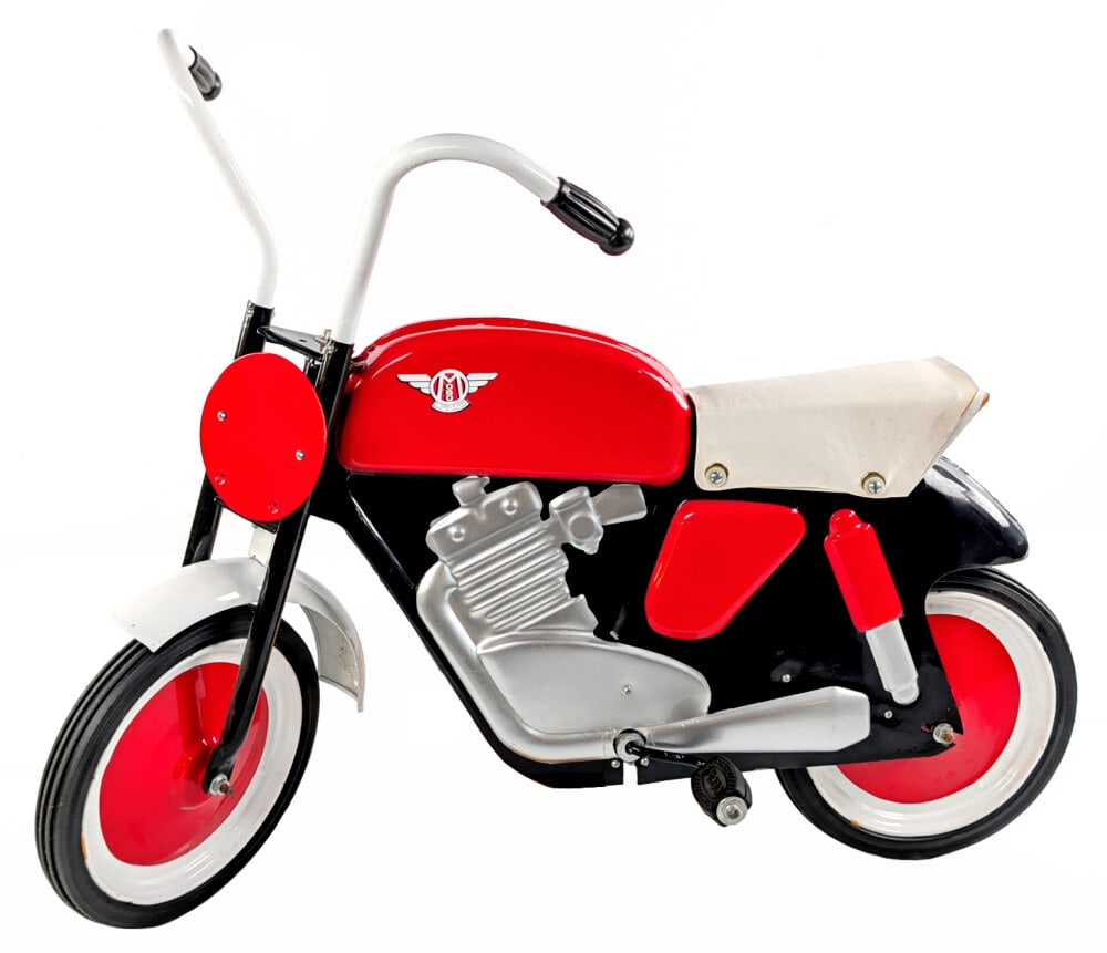 Restored MOBO Chain Drive Pedal Motorcycle: Very nice restored MOBO Chain drive pedal motorcycle. The motorcycle is in good condition overall with a few small paint chips. Displays very well and is an unusual MOBO toy to find. Measures approxim