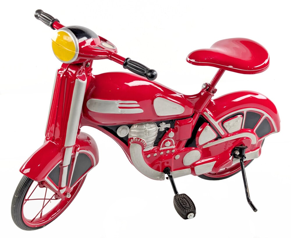 Restored MOBO Chain Drive Motorcycle: Professionally restored MOBO chain drive pedal motorcycle. The motorcycle is in good condition with maybe a couple minor nicks and some touchup done to the rear fender. Another unusual MOBO toy to fin