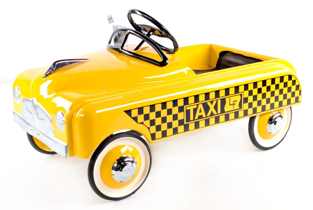 Custom BMC Taxi Pedal Car: Very nice custom BMC Taxi pedal car. The car features a meter, chrome hubcaps,Taxi decals, and car dust cover. Overall good condition with a nice custom restoration. Measures approximately 34" long.