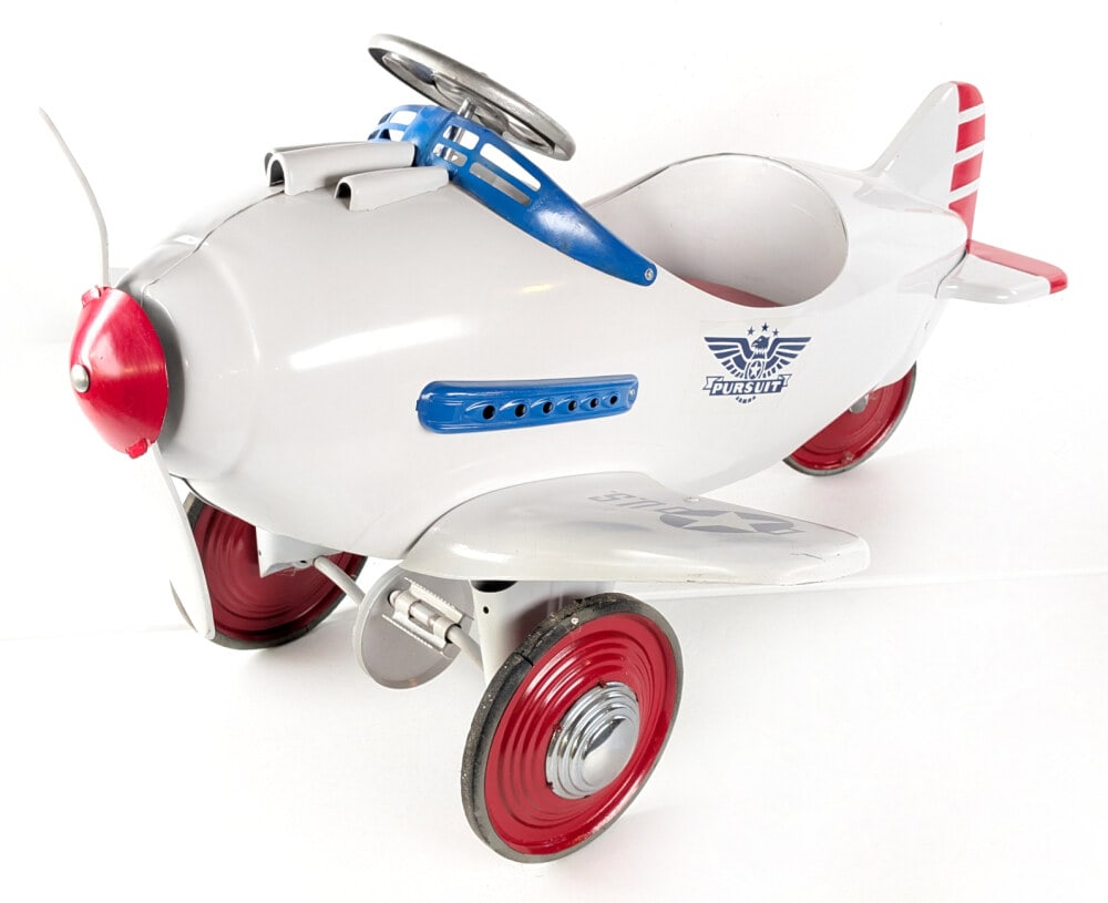 Restored Murray U.S. Army Pursuit Pedal Airplane: Restored Murray U.S. Army Pursuit pedal airplane. The airplane has a fair restoration, but isn't perfect. It does show some roughness to the paint on the underside and maybe some touchups to the red