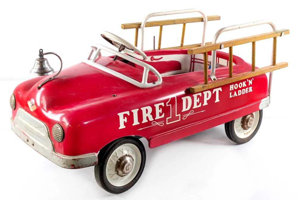 Original AMF Hook N Ladder Fire Department Two Speed Pedal Car: Original AMF Hook N Ladder #1 Fire Dept. pedal car. The car has the variable two speed rear end. The car has some light paint loss and wear from age. It is missing both pedals. Displays very well and