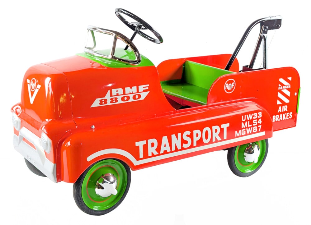 Custom AMF Transport GMC Cabover Wrecker Tow Truck Pedal Car: Very nice high quality custom AMF Transport GMC Cabover Wrecker Tow truck. The truck has a very nice restoration and displays well with chrome features,rear Tow boom, and horn. Good condition with