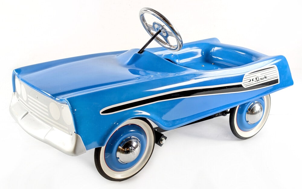 Restored Midwest Industries Jet Hawk Pedal Car: Professionally restored Midwest Industries Jet Hawk pedal car. The car has a very nice restoration and displays extremely well overall. Measures approximately 38" long.