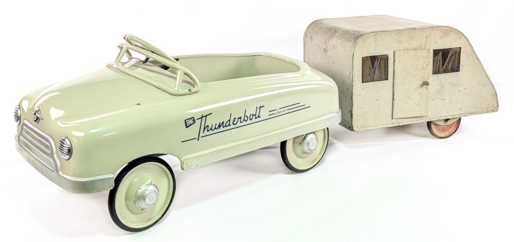 Custom BMC Thunderbolt Pedal Car w/ Travel Trailer: Very nice restored BMC Thunderbolt Pedal car with travel trailer. The trailer is an older custom showing original paint / patina. The trailer doors open on both sides. The car has a fairly nice