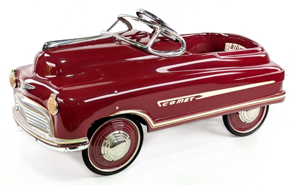 Restored Murray Buick Pedal Car: Professionally restored Murray Jet Flow drive pedal car. The car displays well with custom seat cushion, chrome features, and a nice paint job. Good condition with light wear from storage/ display.
