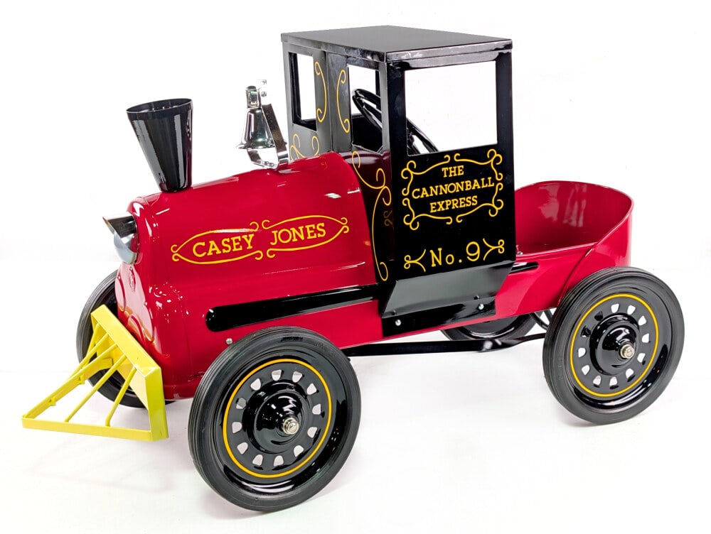 Restored Garton Casey Jones Cannonball Express Pedal Train: Professionally restored Garton Casey Jones Cannonball Express pedal train. The train has a very nice restoration.It displays well with bell, cow catcher, and a nice paint job. Good condition.