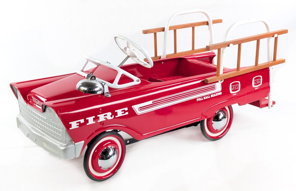 Restored Murray Fire Department Ladder Truck Pedal Car: Professionally restored Murray Fire department ladder truck pedal car. The car displays well with bell wood ladders, and a nice paint job. Good condition with light wear from display. Measures