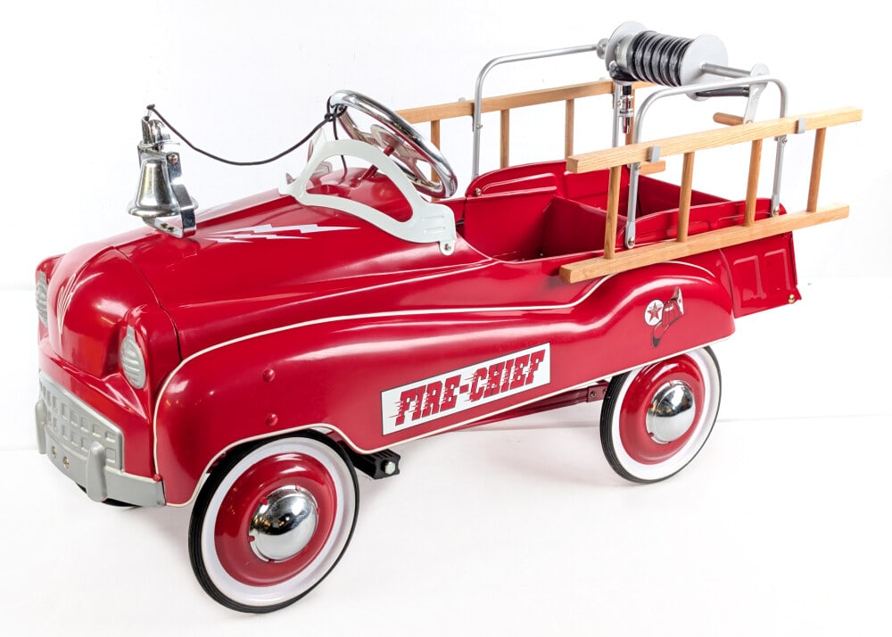 Contemporary Texaco Fire Chief Ladder Truck Pedal Car: Contemporary Texaco Fire Chief ladder truck pedal car. The truck displays well with hose reel, ladders, and bell. Good condition with some dust and light wear from storage / display. Measures approxim