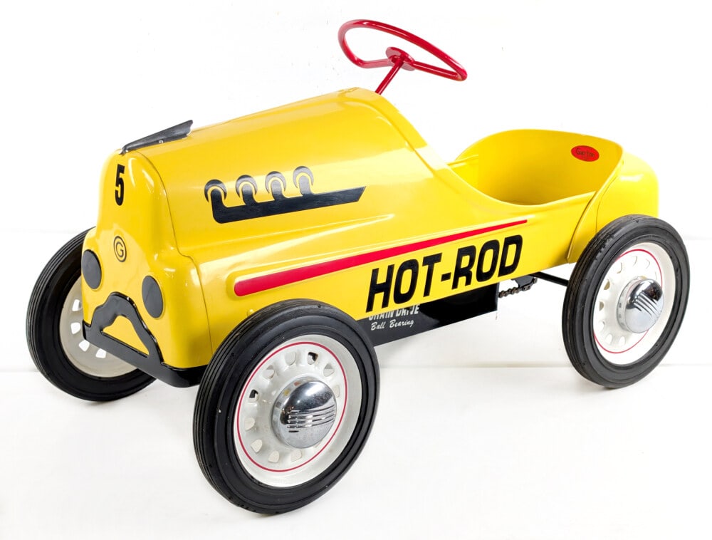 Restored Garton Hot Rod Pedal Car: Professionally restored Garton Hot Rod racer pedal car. The car has a very nice paint job and displays well overall. Good condition. Measures approximately 35" long.