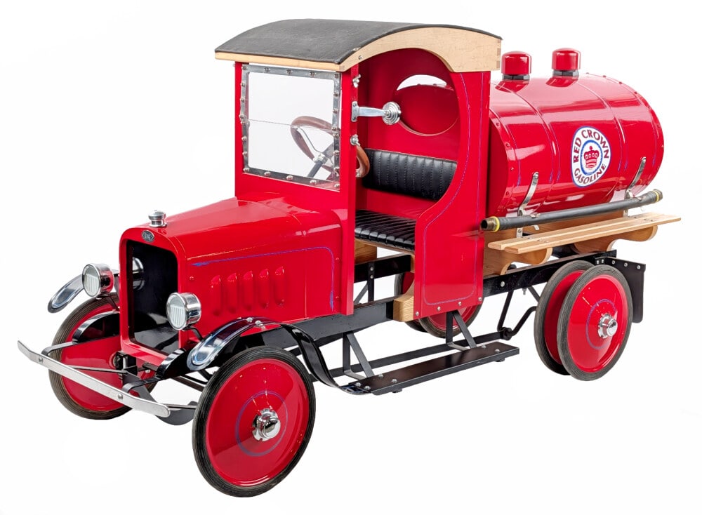 Custom Red Crown Gasoline Tanker Truck Pedal Car: Very nice high quality custom Red Crown Gasoline tanker truck pedal car. The truck is made of mostly metal with some wood pieces. Displays extremely well with dual rear wheels, mudflaps, Red Crown Gas