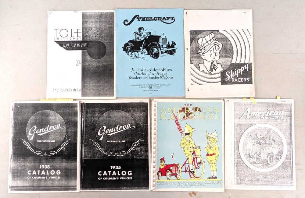 (7) Reproduction Pedal Car Catalogs: Includes 1935 Toledo, 1934 Skippy Racers, Steelcraft, 1935 Gendron, 1938 Gendron, American National, and 1932 American National.
