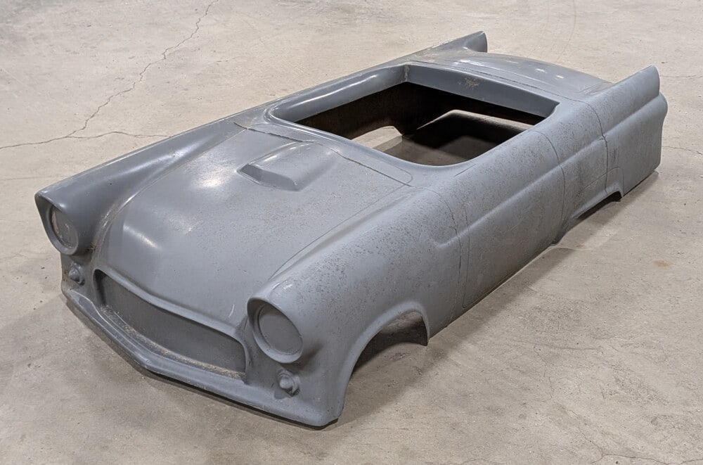 Vintage Thunderbird Fiberglass Go-Kart Body: Vintage Thunderbird fiberglass go-kart body. The body is could use a good cleaning and will be ready to paint. Fairly good condition overall with minor edge wear. Measures approximately 63" long.