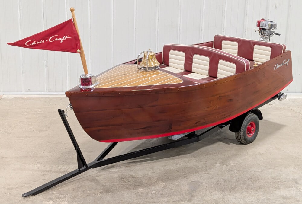 Large 9ft Chris-Craft Boat Replica w/ Evinrude Elto Pal Outboard Motor On Trailer: Very impressive large scale Chris-Craft boat replica on trailer. The boat features an operable Evinrude Elto Pal outboard boat motor, upholstered seat cushions, beacon with flag, and great detail. The