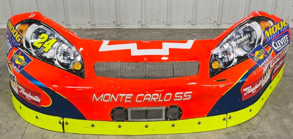 Jeff Gordon?s 2007 Monte Carlo SS NASCAR Race Used Front Nose Clip: Jeff Gordon’s 2007 Monte Carlo SS NASCAR race used nose clip. Has decal loss, paint loss, scratches, race damage, surface rust, and wear from use and age. Displays well. Here your chance to own a