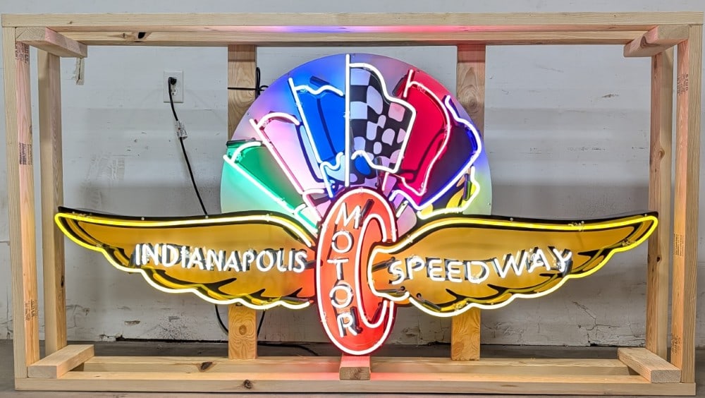6ft Custom Indy 500 Indianapolis Motor Speedway Neon Sign: Single sided tin custom Indianapolis Motor Speedway neon advertising sign. Sign features high gloss shine, new neon glass,and transformers. Easily displayed with die cut can featuring hanging brackets