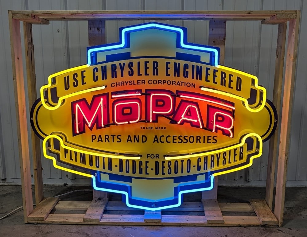 4ft Custom Chrysler MOPAR Neon Sign / Plymouth Dodge / DeSoto: Custom Chrysler MOPAR neon advertising sign. The sign features new neon glass, transformers, and wiring on a metal can with hanging brackets. Easily displayed and transported with wooden crate. Measur