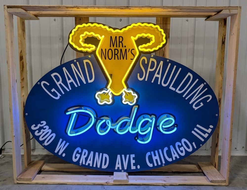 Large Custom Mr. Norm's Dodge Dealership Neon Sign / Chicago / MOPAR: Custom Chicago's famous Mr. Norm's Dodge? neon advertising sign. The sign features new neon glass, transformers, and wiring on a metal can with hanging brackets. Easily displayed and transported with