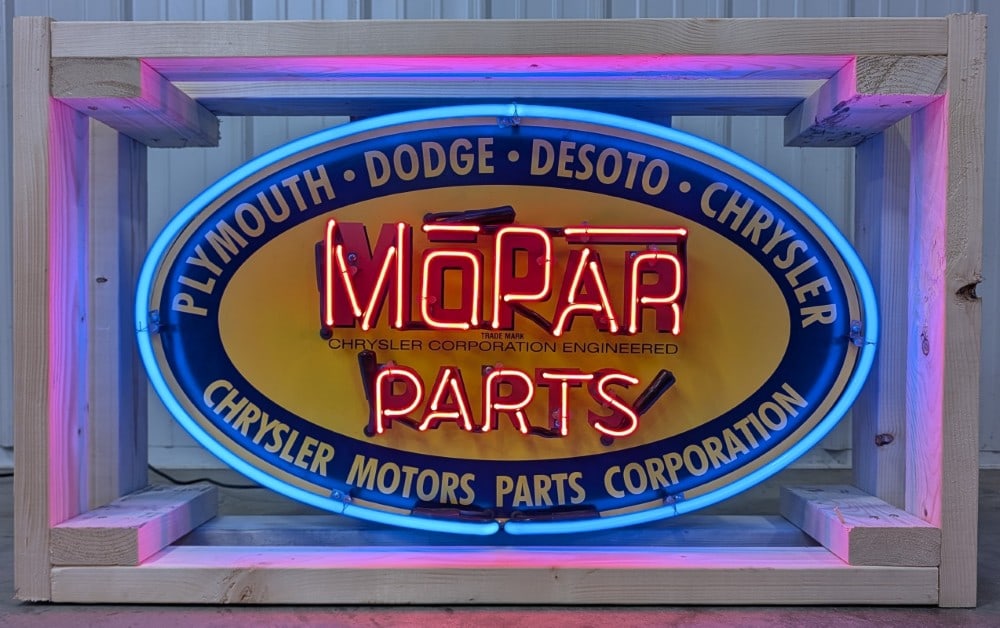 Custom MOPAR Parts Neon Sign / Plymouth Dodge DeSoto Chrysler: Custom single sided metal Mopar Parts neon advertising sign. Appears to be in nice working condition with some scratches and wear from display and storage. Includes crate for easy display and